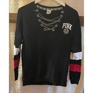 VS PINK Sweatshirt Lace Up Striped Arms